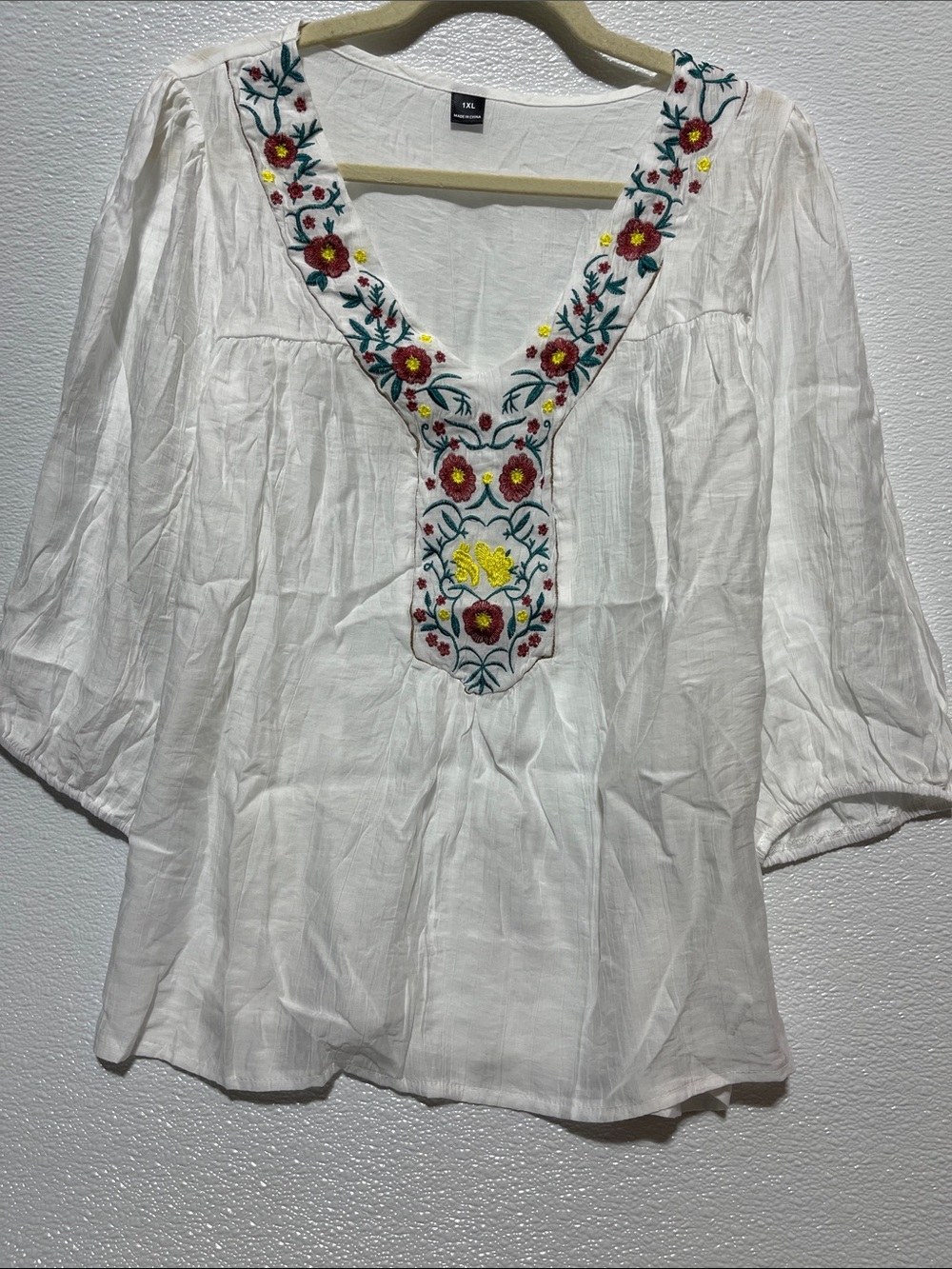 SHEIN White Embroidered V-Neck Peasant Blouse with Red and Yellow Floral Detail